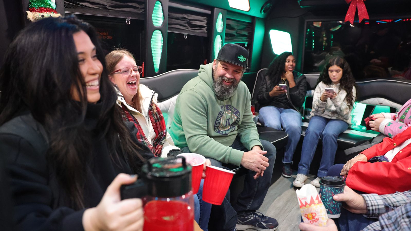 Interior of a party Sprinter with lighting and perimeter seating